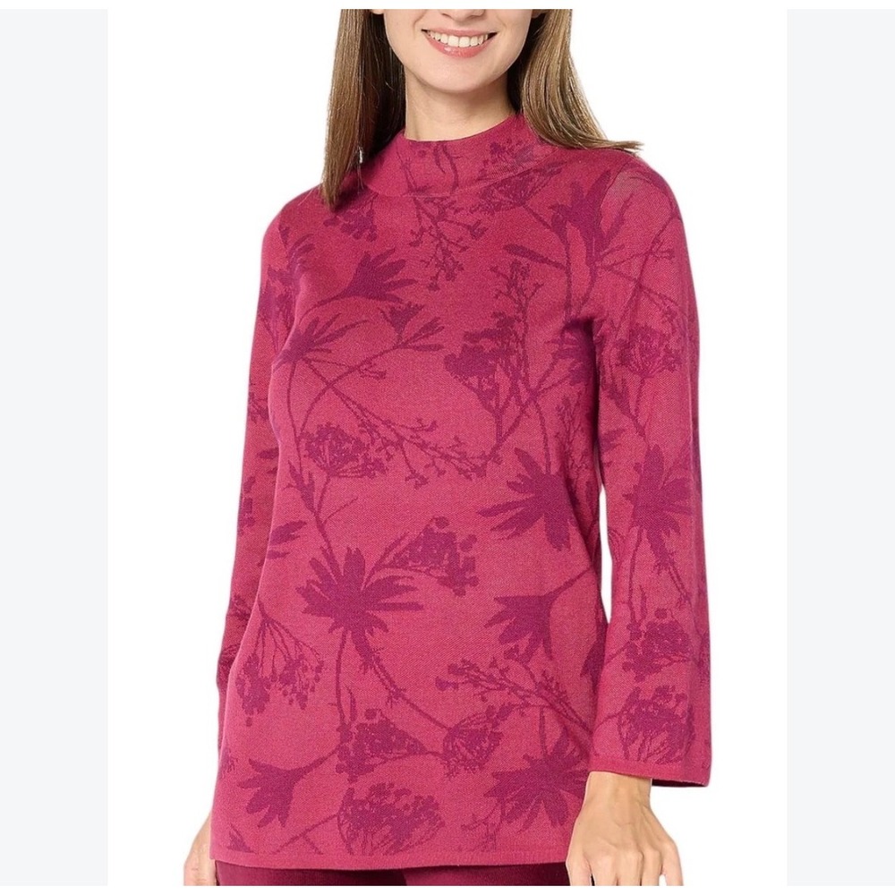 Susan Graver Magenta Pink Jacquard Floral Mock Neck Tunic Sweater M A703496 QVC